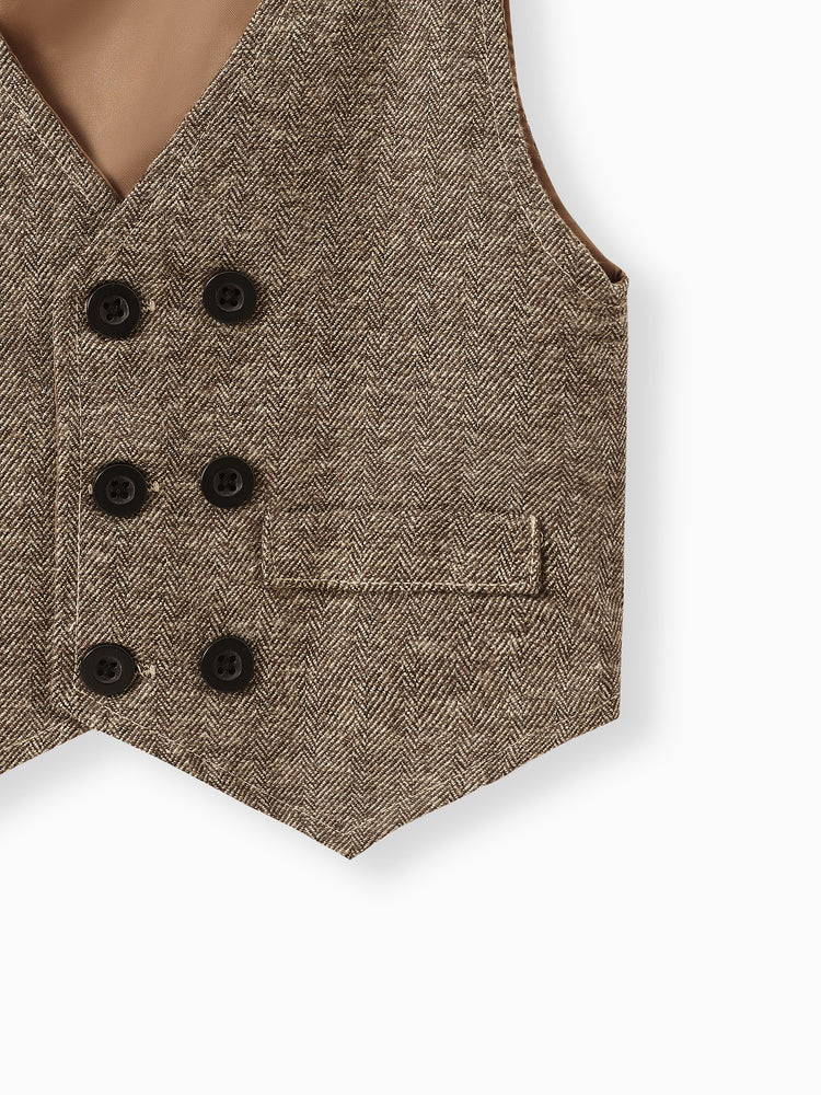 3PCS Baby Boy Elegant Grid/Houndstooth Shirt Collar Long Sleeve Set Brown