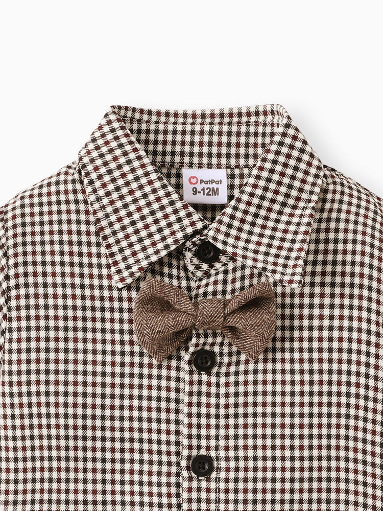 3PCS Baby Boy Elegant Grid/Houndstooth Shirt Collar Long Sleeve Set Brown