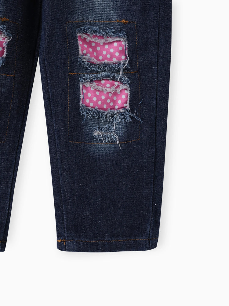 3 STÜCKE Kleinkind Mädchen Kindliche Katze Muster Distressed Patchwork Denim Jeans Set  rosa