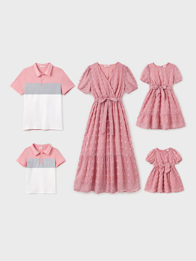 Ensemble familial assorti rose uni à col polo et manches courtes ou robe ceinturée à manches volantées rose