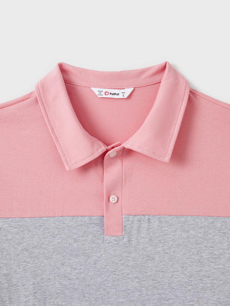 Ensemble familial assorti rose uni à col polo et manches courtes ou robe ceinturée à manches volantées rose