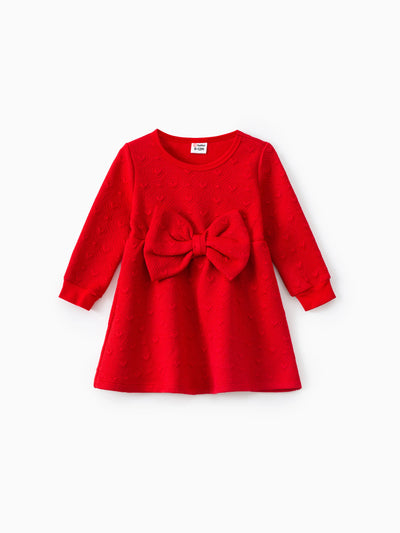 Robe à manches longues pour bébé fille avec nœud décoratif 3D rouge