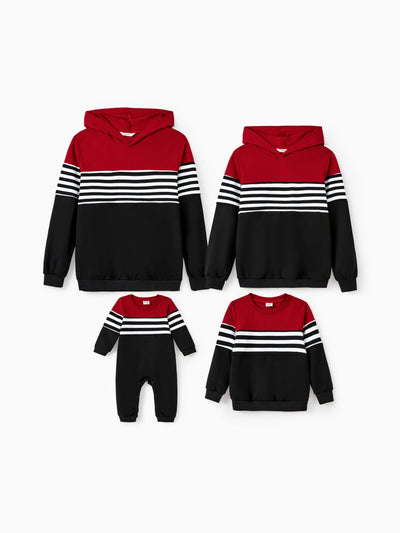 Family Matching Casual Color-block Stripes Print Long Sleeve Hooded Tops Color block