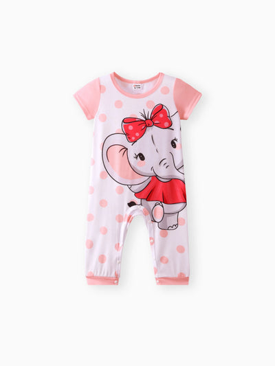 Baby Girl Cartoon Elephant Print Short-sleeve Jumpsuit Pink