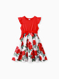Kid Girl Floral Print Splice Belted Flutter-sleeve Dress Red