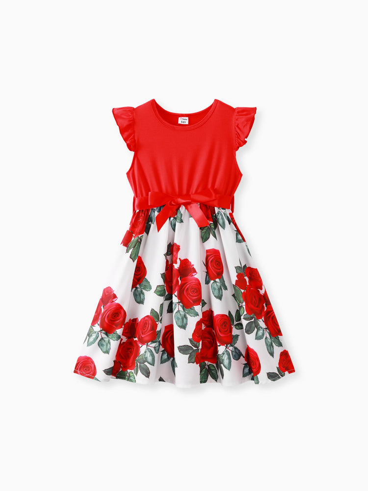Kid Girl Floral Print Splice Belted Flutter-sleeve Dress Red