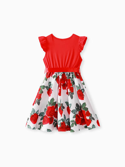 Vestido rojo con estampado floral y mangas abullonadas con cinturón para niña