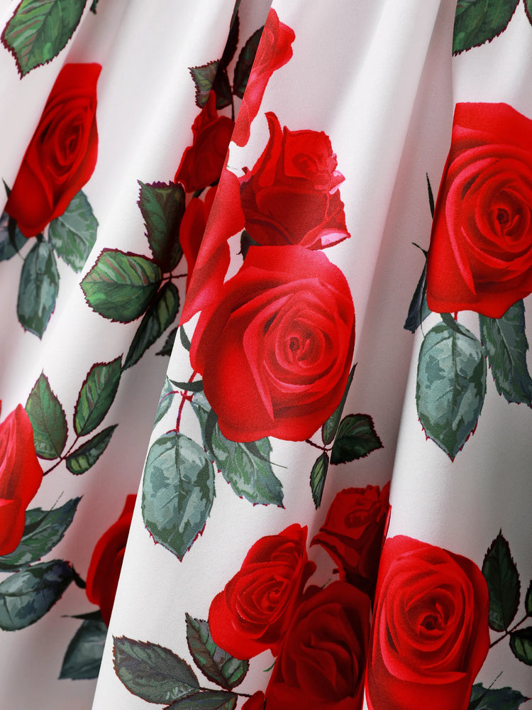 Kid Girl Floral Print Splice Belted Flutter-sleeve Dress Red