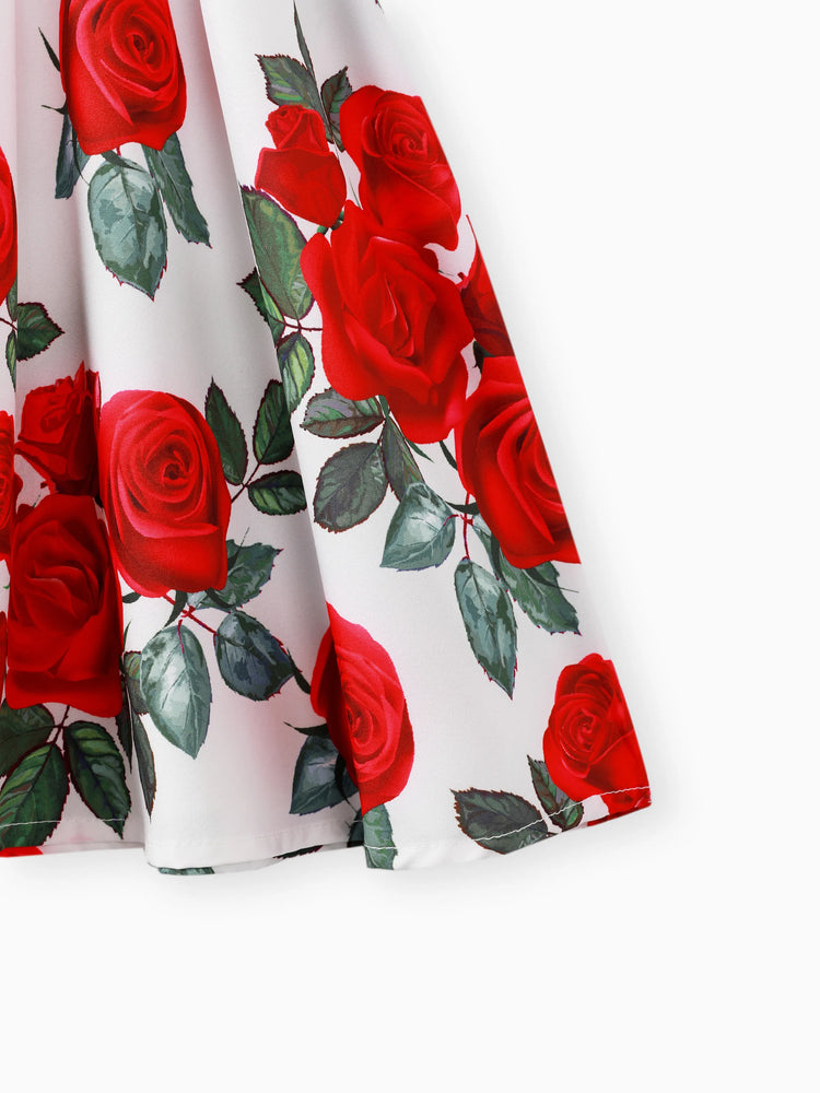 Kid Girl Floral Print Splice Belted Flutter-sleeve Dress Red