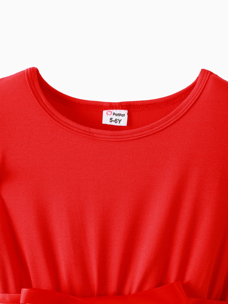 Kid Girl Floral Print Splice Belted Flutter-sleeve Dress Red