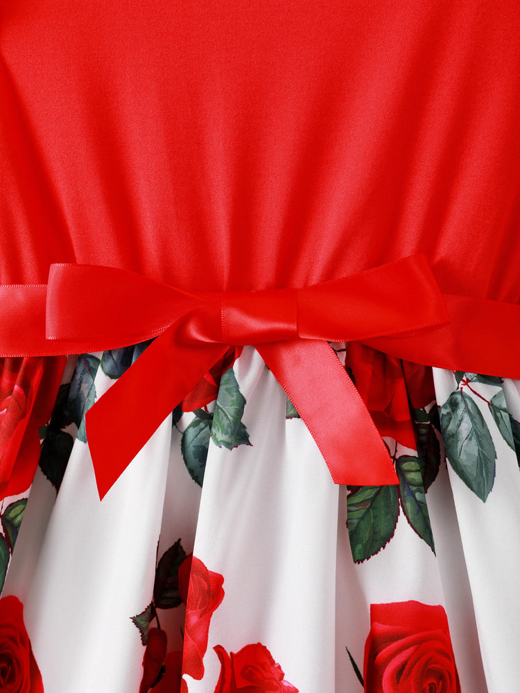 Kid Girl Floral Print Splice Belted Flutter-sleeve Dress Red