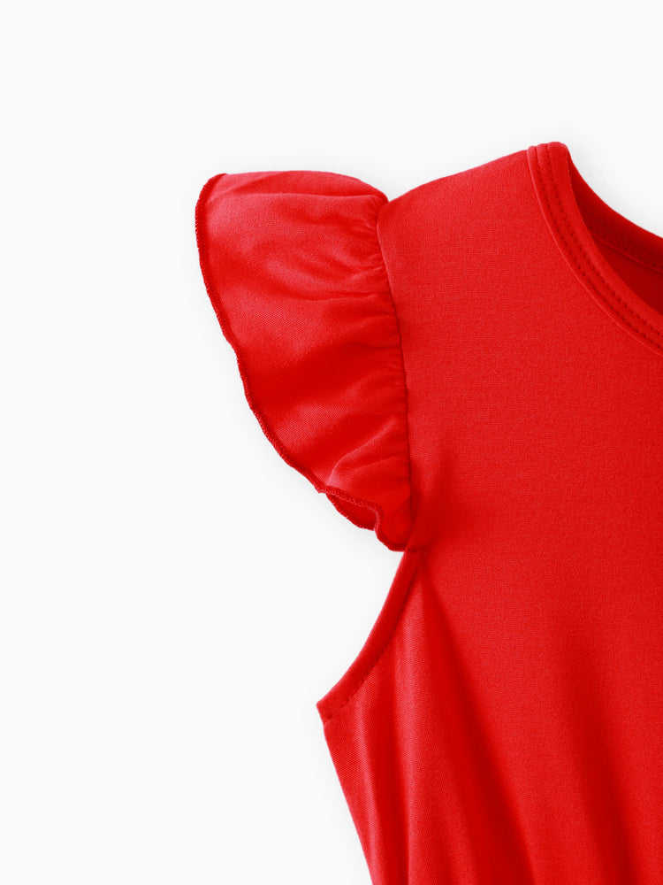 Kid Girl Floral Print Splice Belted Flutter-sleeve Dress Red