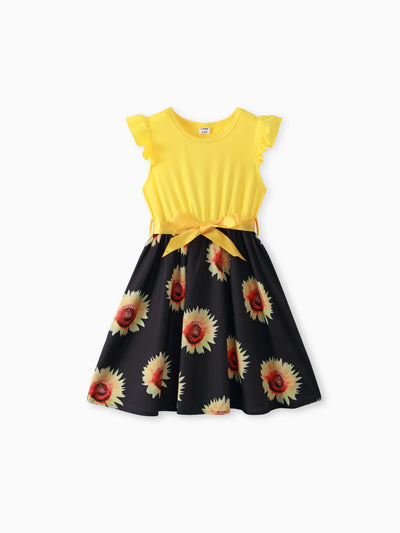 Kid Girl Floral Print Splice Belted Flutter-sleeve Dress Yellow