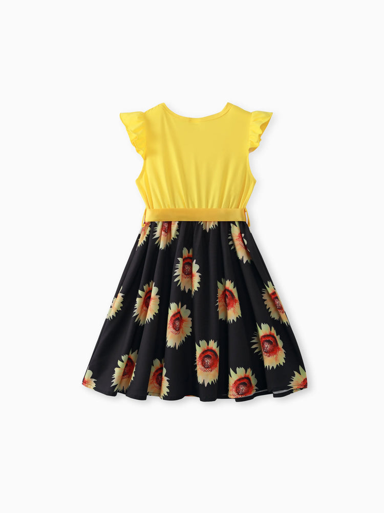 Kleid mit Blumendruck für Kinder und Mädchen mit gespleißtem Gürtel und flatternden Ärmeln gelb