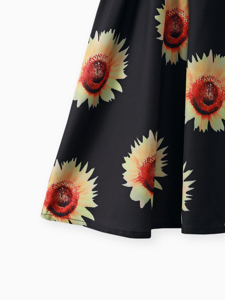 Kleid mit Blumendruck für Kinder und Mädchen mit gespleißtem Gürtel und flatternden Ärmeln gelb