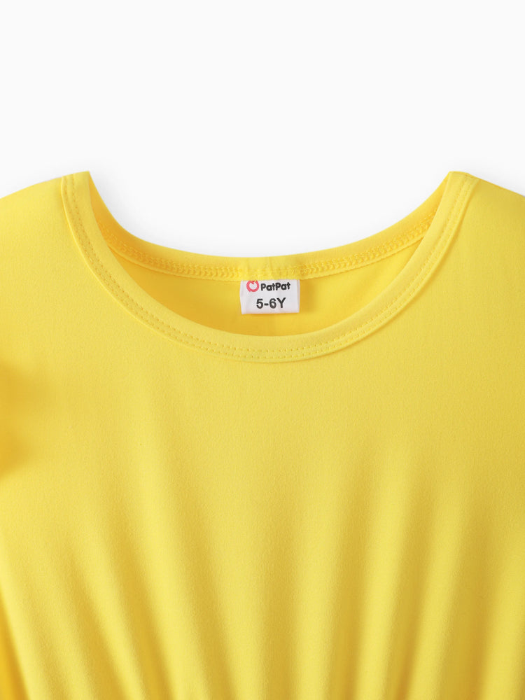 Kleid mit Blumendruck für Kinder und Mädchen mit gespleißtem Gürtel und flatternden Ärmeln gelb