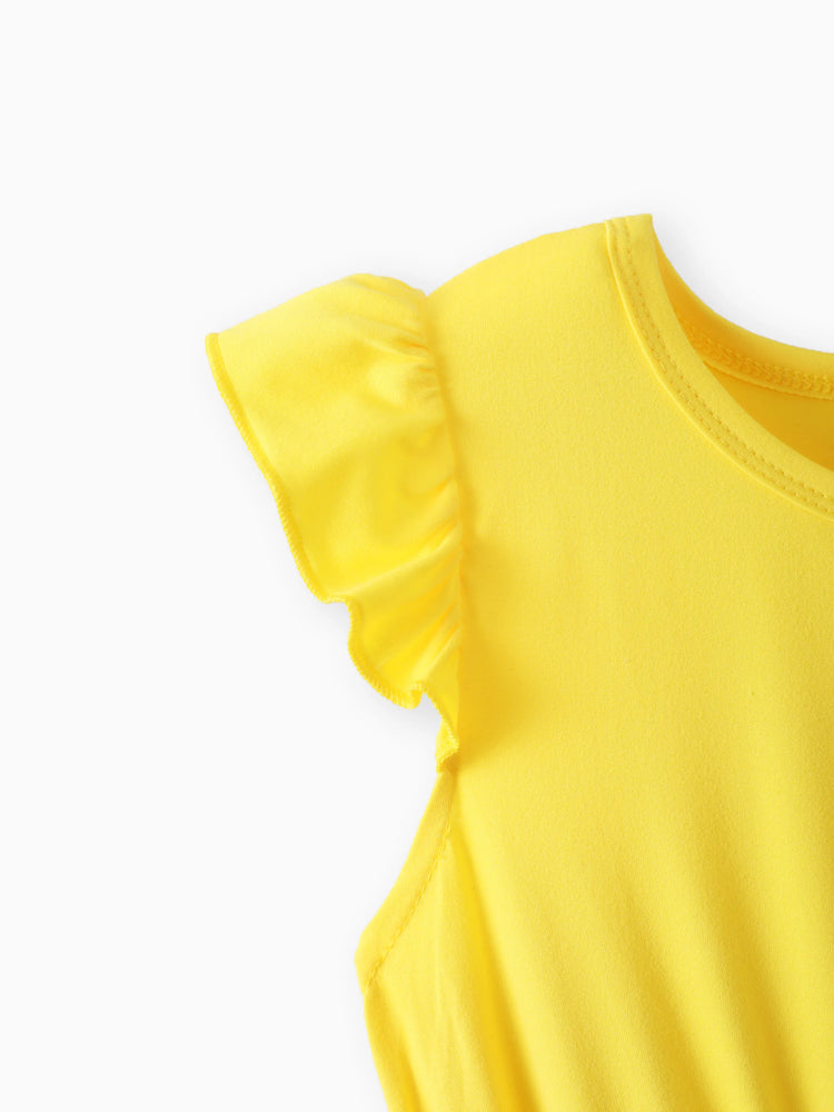 Kleid mit Blumendruck für Kinder und Mädchen mit gespleißtem Gürtel und flatternden Ärmeln gelb