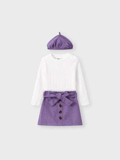 Ensemble 3 pièces pour petite fille : haut en maille torsadée, jupe ceinturée et chapeau violet