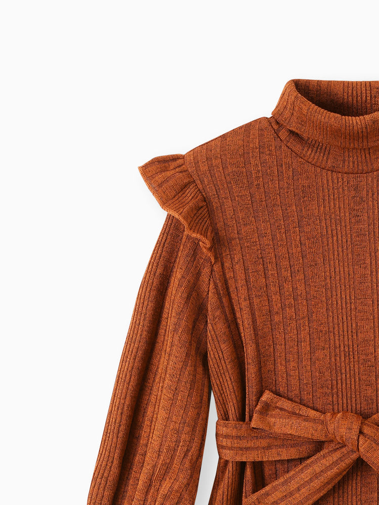 Toddler Girl Solid Color Flutter Sleeve Dress Coffee