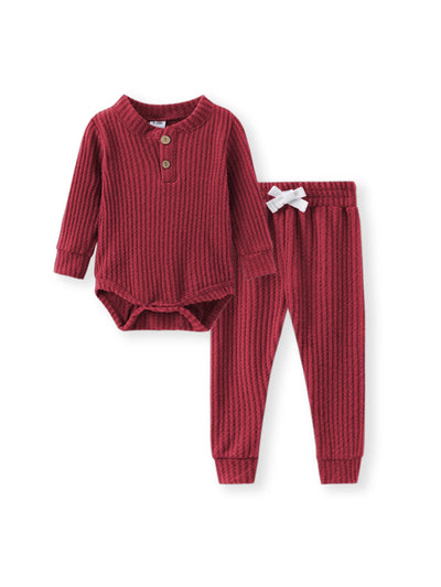 2pcs Solid Waffle Long-sleeve Baby Set Burgundy