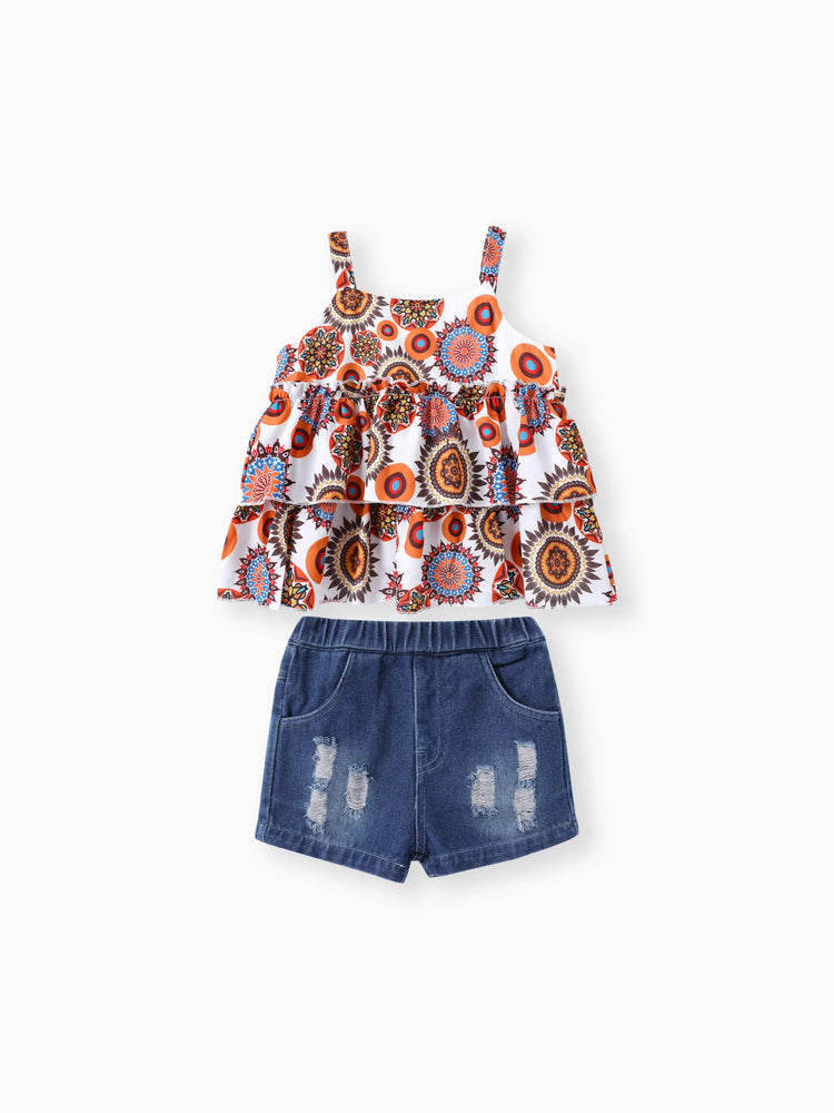 Ensemble 2 pièces pour petite fille, short en jean déchiré style bohème et caraco à imprimé exotique, multicolore