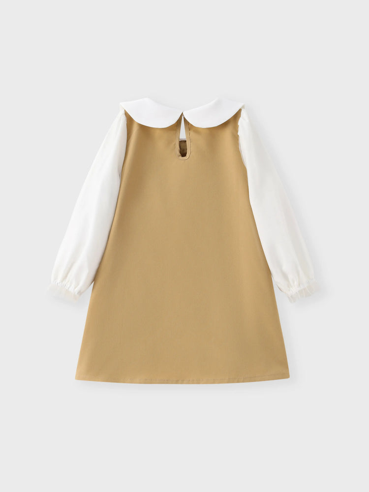 Vestido caqui de manga larga de malla con diseño de lazo y cuello de muñeca para niña pequeña