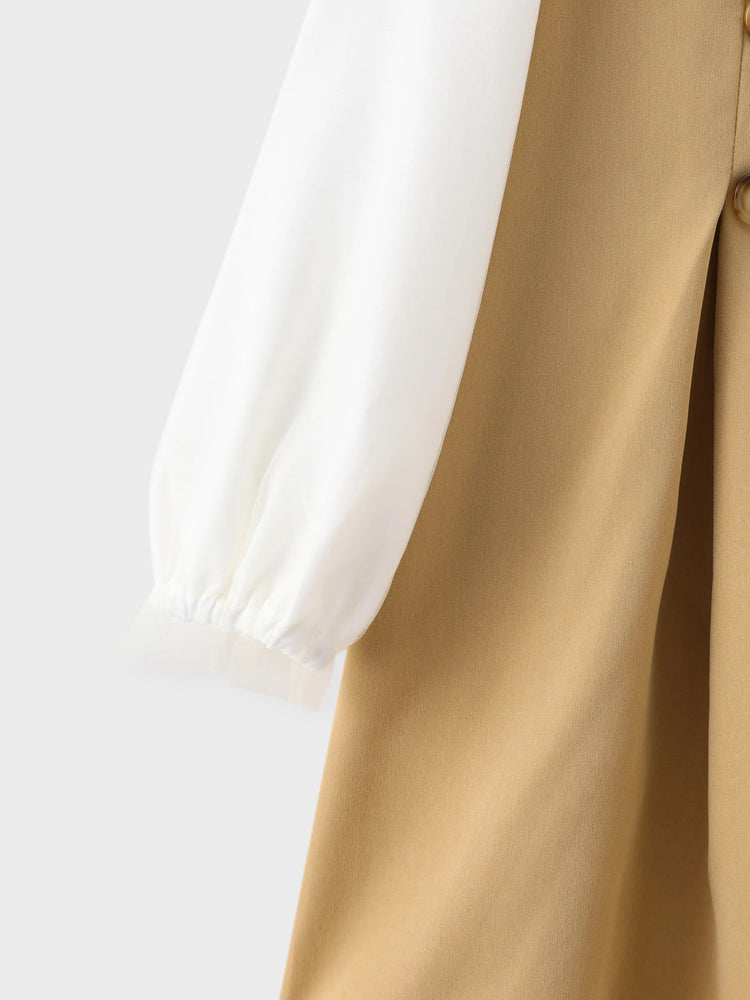 Vestido caqui de manga larga de malla con diseño de lazo y cuello de muñeca para niña pequeña