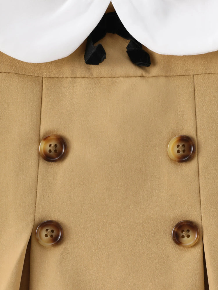 Vestido caqui de manga larga de malla con diseño de lazo y cuello de muñeca para niña pequeña