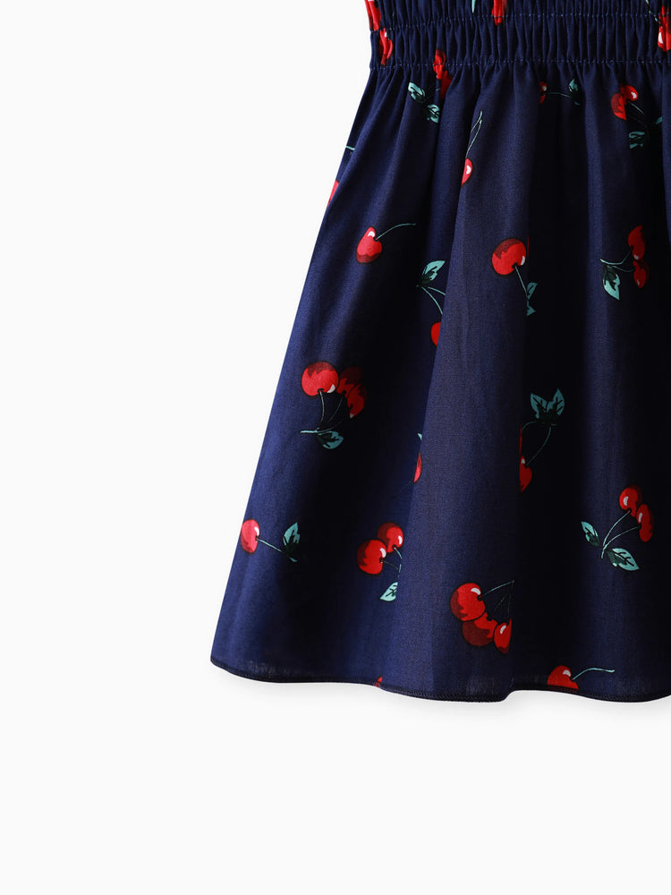 Baby Girl 100% Cotton Allover Cherry Print Shirred Strappy Dress Dark Blue