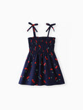 Baby Girl 100% Cotton Allover Cherry Print Shirred Strappy Dress Dark Blue