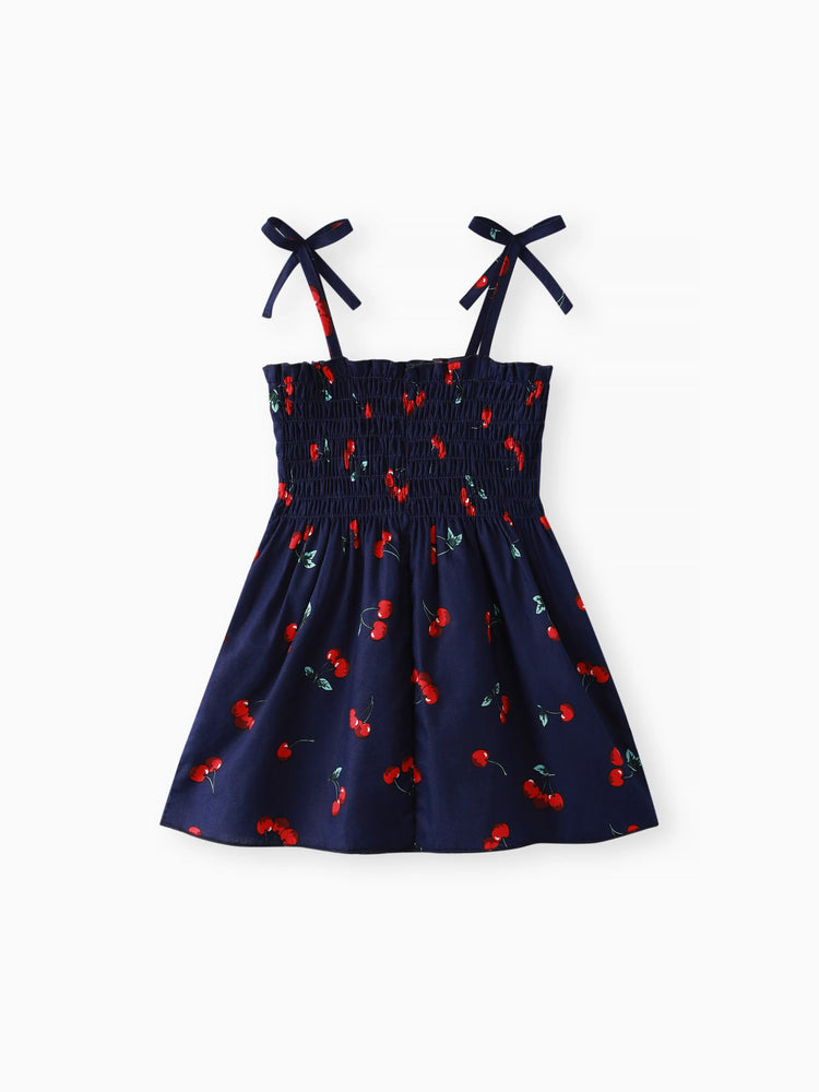 Baby Girl 100% Cotton Allover Cherry Print Shirred Strappy Dress Dark Blue