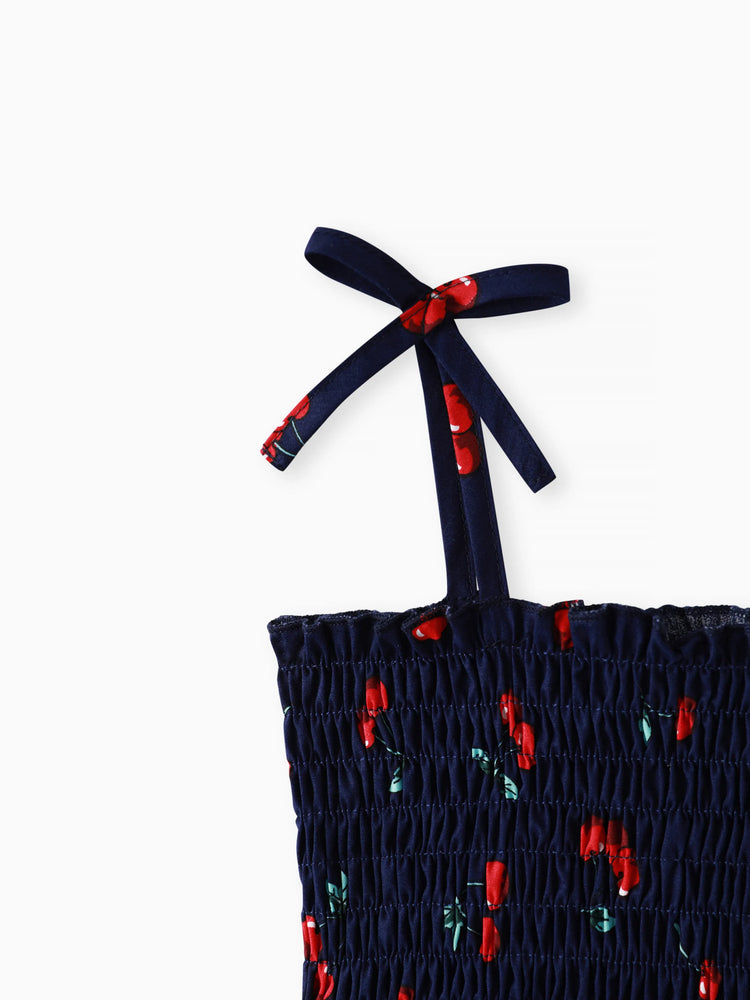 Baby Girl 100% Cotton Allover Cherry Print Shirred Strappy Dress Dark Blue
