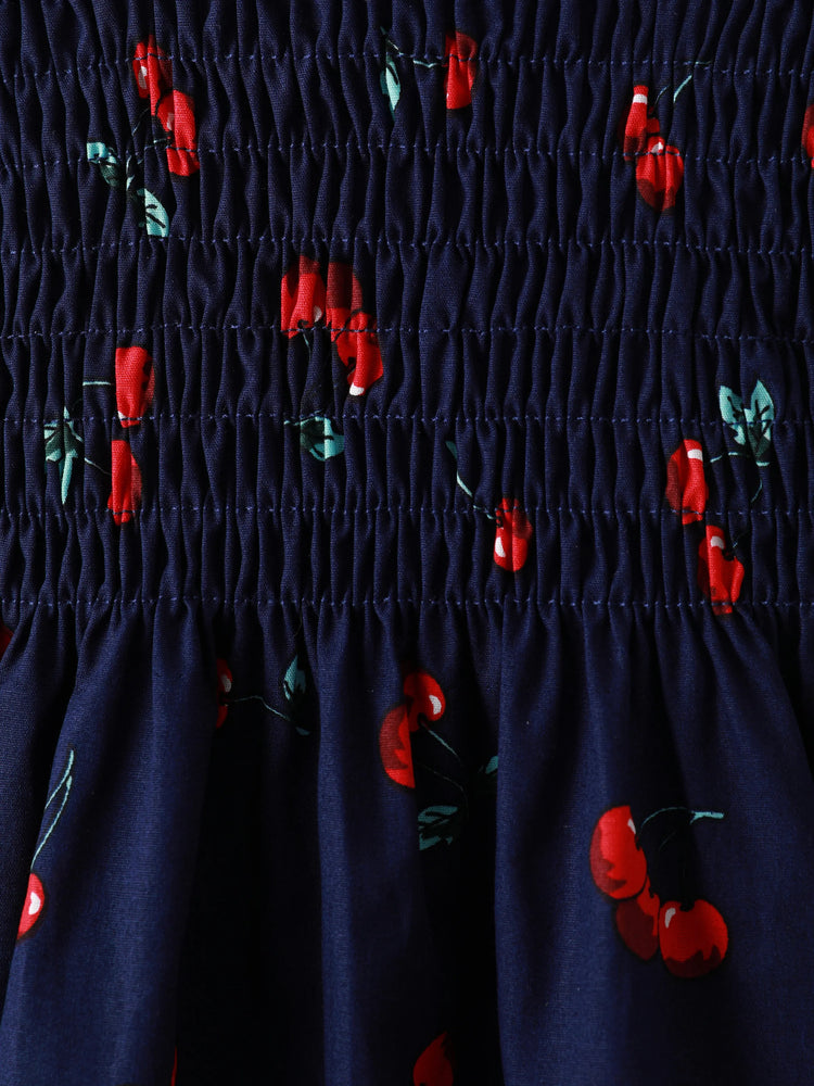 Baby Girl 100% Cotton Allover Cherry Print Shirred Strappy Dress Dark Blue