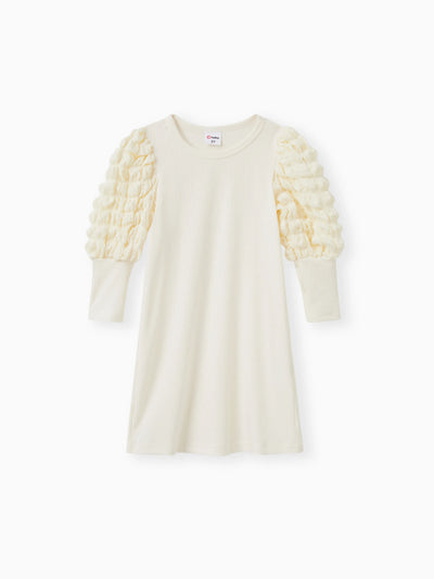 Toddler Girl Textured Ribbed Long Puff-sleeve Dress (Belt is not included) Apricot
