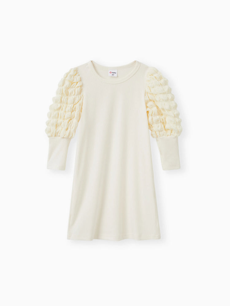 Toddler Girl Textured Ribbed Long Puff-sleeve Dress (Belt is not included) Apricot
