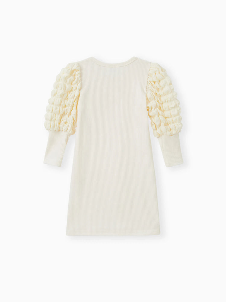 Toddler Girl Textured Ribbed Long Puff-sleeve Dress (Belt is not included) Apricot