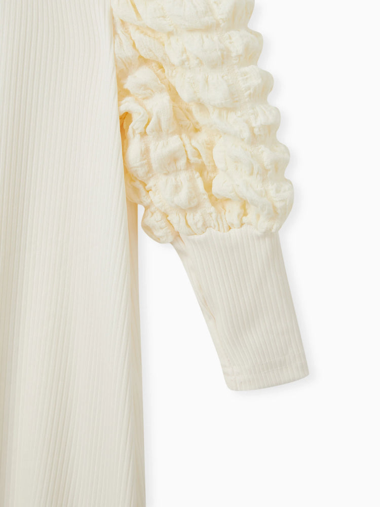 Toddler Girl Textured Ribbed Long Puff-sleeve Dress (Belt is not included) Apricot