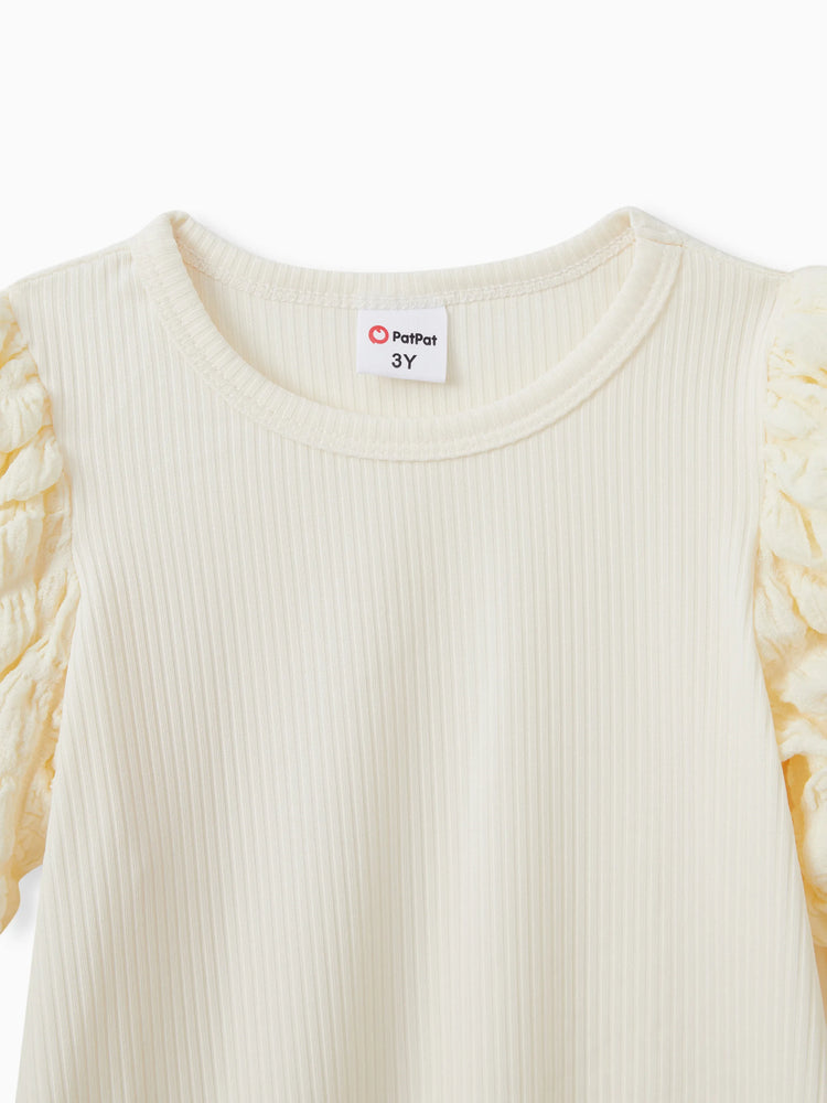 Toddler Girl Textured Ribbed Long Puff-sleeve Dress (Belt is not included) Apricot