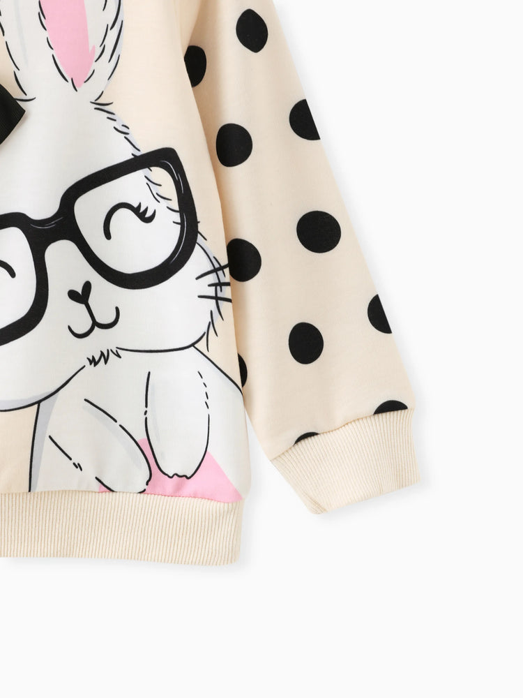 Sweat-shirt à pois imprimé lapin mignon pour petite fille, abricot