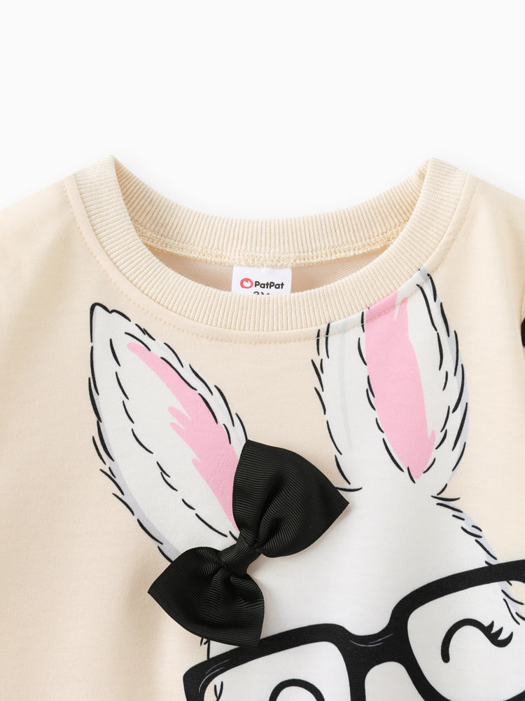 Sweat-shirt à pois imprimé lapin mignon pour petite fille, abricot