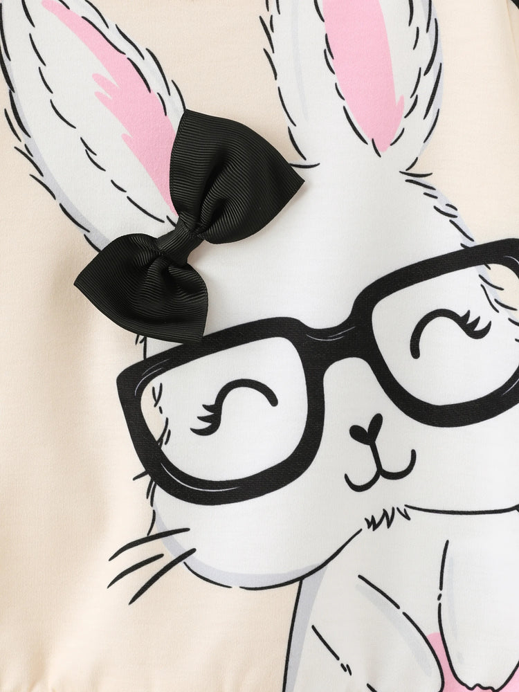Sweat-shirt à pois imprimé lapin mignon pour petite fille, abricot