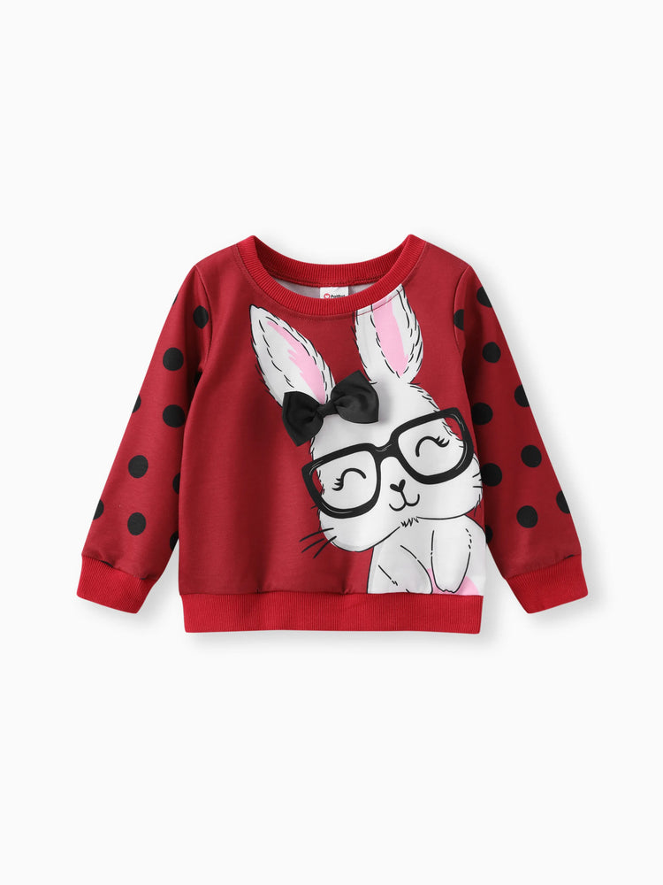 Toddler Girl Cute Rabbit Print Polka dots Pullover Sweatshirt Burgundy