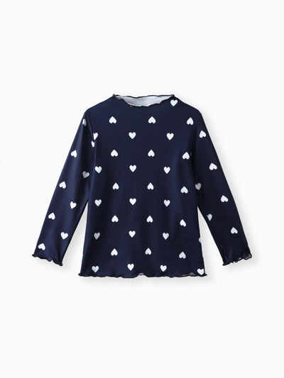 Girl's Long-sleeve Tee with Heart Print (Lettuce Trim Mock Neck) Dark Blue