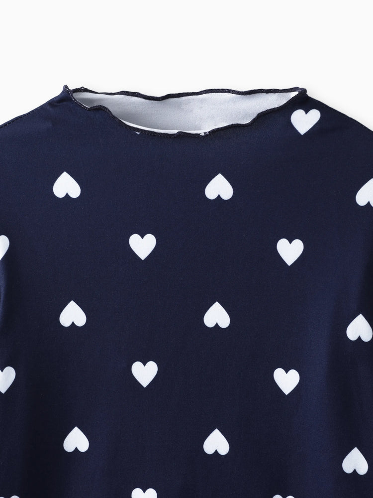 Langärmeliges T-Shirt für Mädchen mit Herz-Print (Stehkragen mit Salatbesatz) dunkelblau