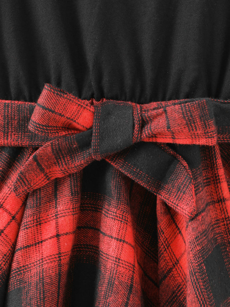 Robe à carreaux et manches longues pour petite fille, noire, avec ourlet irrégulier