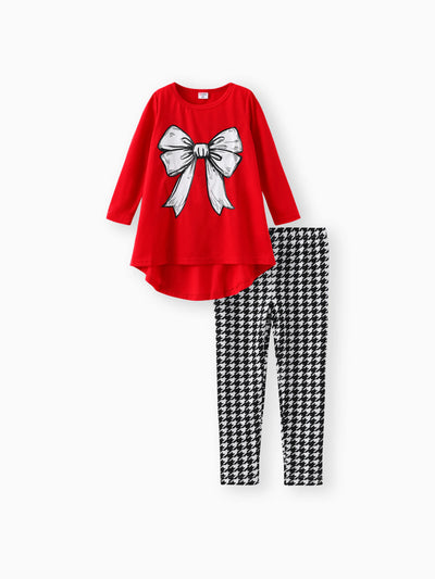Ensemble 2 pièces pour petite fille, t-shirt à manches longues et leggings à motif pied-de-poule, imprimé nœud papillon, rouge-2