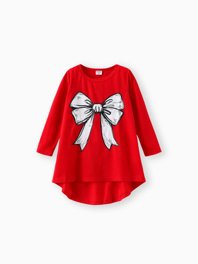 2pcs Toddler Girl Bowknot Print High Low Long-sleeve Tee and Houndstooth Leggings Set Red-2
