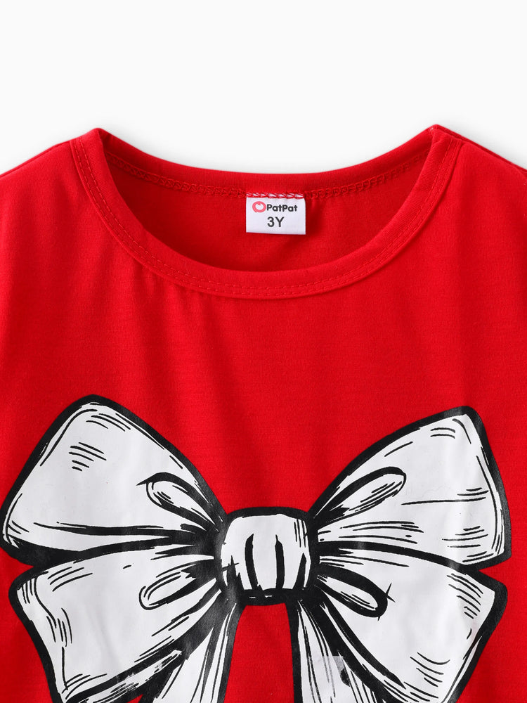 Ensemble 2 pièces pour petite fille, t-shirt à manches longues et leggings à motif pied-de-poule, imprimé nœud papillon, rouge-2