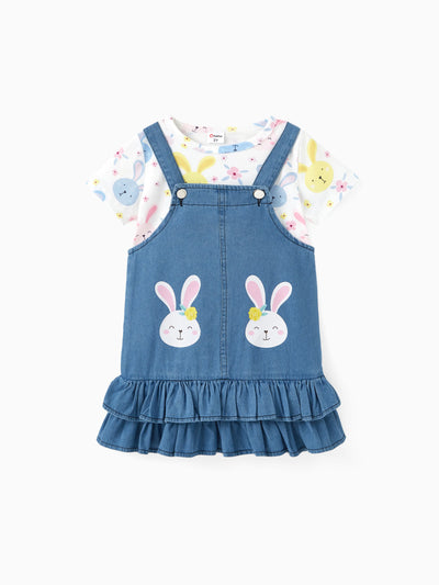 Sweet 2pcs Toddler Girl Dress Set with Ruffle Edge and Cute Rabbit Print DENIMBLUE