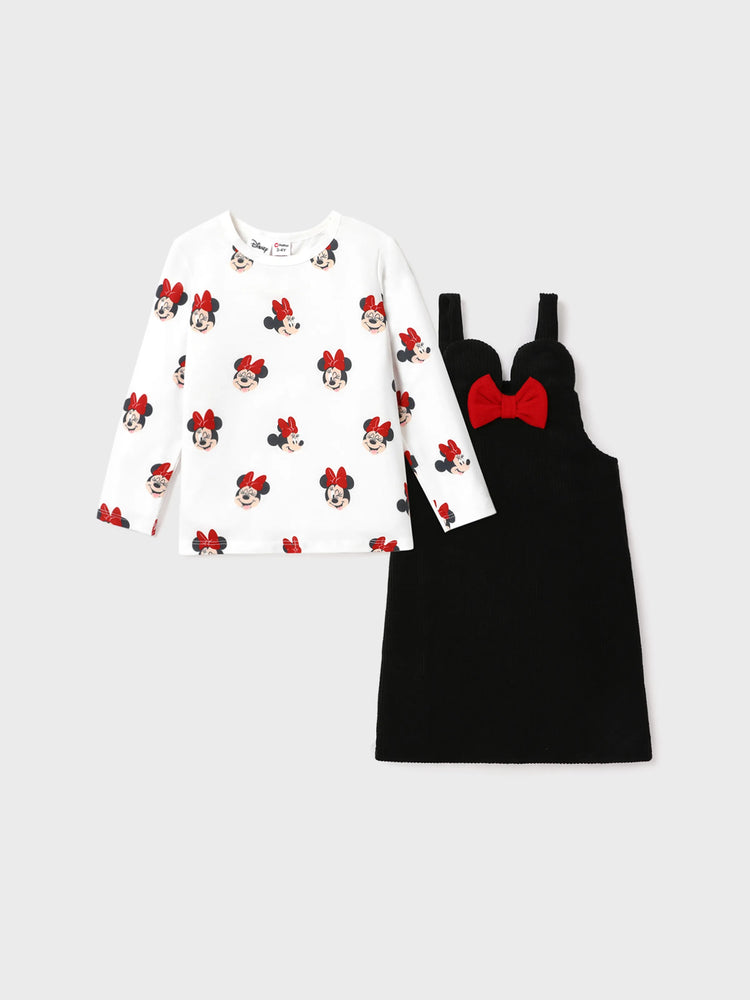 Disney Mickey and Friends Toddler Girl Minnie 2pcs Character Print Long-sleeve Bodysuit and Bow Decor Floral Print Skirt Set BlackandWhite
